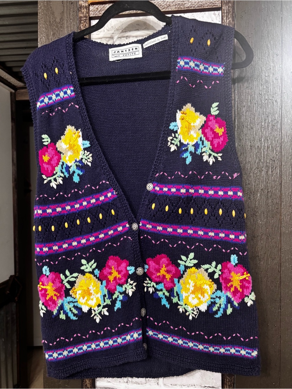 Jantzen Navy Floral Intarsia Knit Vest with Pink & Yellow Accents